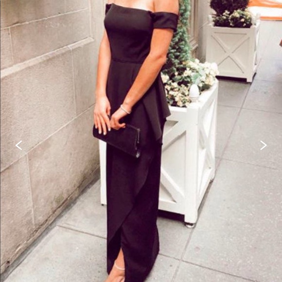 JS COLLECTION Black Off Shoulder Split Cascade Gown Size 6. Classic Glamour. - Picture 13 of 17